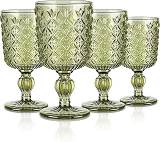 Joeyan 300ml Vert Verres à Vin Vintage,Lot de 4 Colorés Verre a Pieds Relief Géométrique,Design Baroque Rétro Gobelets Eau pour Rouge Blanc Boire Boissons Jus apero aperitif,Passe au Lave-Vaisselle