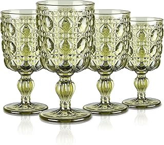 Joeyan 300ml Vert Verres à Vin Vintage, Lot de 4 Colorés Verre a Pieds Relief en gemme, Design Baroque Rétro Gobelets Eau pour Rouge Blanc Boire Boissons Jus apero aperitif, Passe au Lave-Vaisselle
