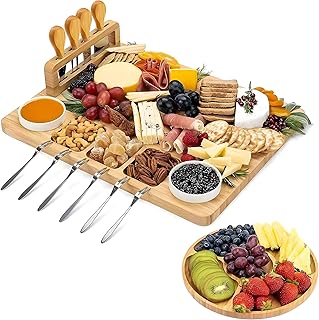 Plateau Apéritif en Bambou – Planche à Tapas et à Fromage – avec Couteaux, Fourchettes, Coupelles et Plateau Supplémentaire