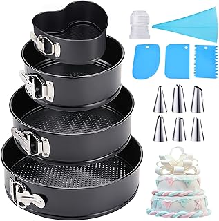 Amzeeniu Moule à Charnière,Set de 4 11/18/23/26 cm Moule à Gâteau Rond Professionnel et Ustensiles de Cuisson,Fond Amovible Anti-adhésif avec Kit de 8 Douilles Pâtisserie,et 3 Gâteau Scrappers, Noir