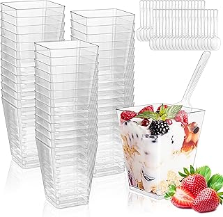 40 Pièces Tasses à Dessert avec 40 Cuillères, 160ml/5oz Verres à Dessert Réutilisables, Mini Gobelets à Dessert en Plastique, Coupes Gobelets Carrée pour Anniversaire, Mariages, Mousse,Tiramisu
