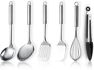 Ensemble d’ustensiles de cuisine en acier inoxydable 6 pièces comprend un ensemble de spatules en métal, une écumoire, une louche, une pince, un fouet, des gadgets de cuisine essentiels