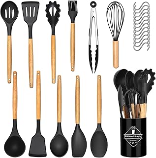 24 Pièces Kit Ustensiles de Cuisine, Set de couverts de cuisine, poignée en bois, résistant à la chaleur, Ensemble de Cuisine sans BPA, Antiadhésif, Noir (M, 24, 24)