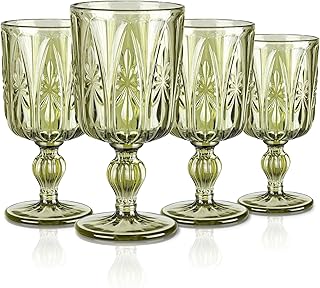 Joeyan 300ml Vert Verres à Vin Vintage,Lot de 4 Colorés Verre a Pieds Relief Géométrique,Design Baroque Rétro Gobelets Eau pour Rouge Blanc Boire Boissons Jus apero aperitif,Passe au Lave-Vaisselle