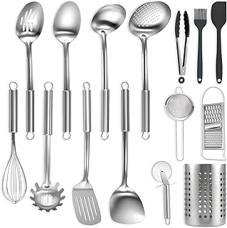 BEWOS Couteaux et Ustensiles de Cuisine - 15 Pièces en Acier Inoxydable avec Spatule et Bac de Rangement, Non Toxique, Lavable Lave-Vaisselle, Résistant à la Chaleur