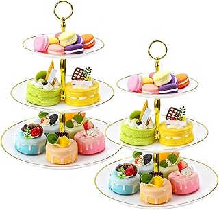 Lot de 2 Présentoirs à Gâteaux à 3 Etages, Plateau de Service à Etages Présentoir à Cupcakes Présentoir à Dessert en Plastique à 3 Niveaux pour Mariage, Maison, Anniversaire, Fête