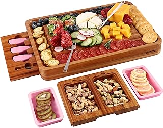 hecef Set de Plateau à fromages en Bois, Planche apéro avec Couteaux, fourchettes à Dessert, 2 tiroir Coulissant & coupelles apéritives en Silicone Rose, Cadeau pour fête, Crémaillère et Noel
