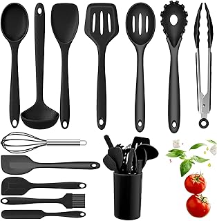 13 Pièces Ustensiles de Cuisine Silicone, sans BPA, Antiadhésive Anti-Rayures Lot Ustensile Cuisine, Cuisine Accessoires pour Tous Batteries de Cuisine - Noir