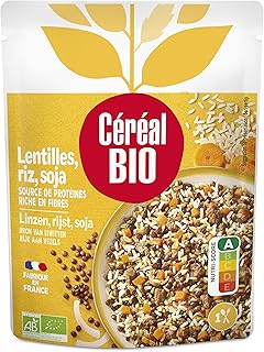 Céréal Bio Lentilles Riz Soja Végétarien – Lentilles Vertes, Riz Complet, Soja Bio – Plat Cuisiné Bio Individuel, Micro-Ondable, Riche en Fibres, Prêt à Réchauffer – 250g