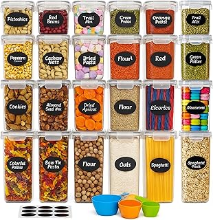 Lot de 24 boîtes de conservation avec couvercles hermétiques - Grands contenants en plastique pour la cuisine - Sans BPA - Organisateurs pour farine, sucre et céréales - Avec stylo et
